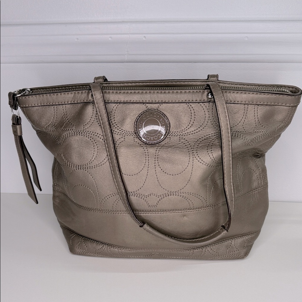 Coach Metallic Taupe Leather Tote with Signature Stitching